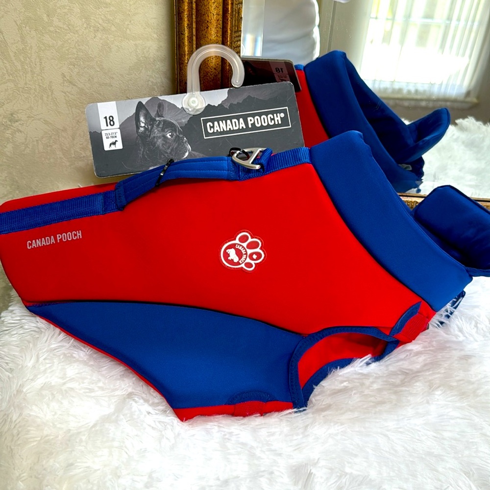 Canada Pooch High Tide Life Jacket.  Size 18”.  Red & Blue. 25-33 lb. See chart.